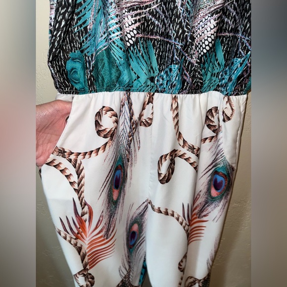 Peacock Print Jumpsuit Deep V-neck Sleeveless Spaghetti Strap Split Side Leg M - Picture 12 of 12